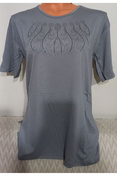 Anne Er Clothing Mother Summer Short-Sleeve Combed Cotton Blouse Crew Neck Stone Gray