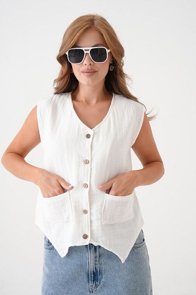saint majesta Women's Muslin Pocket Vest Blouse 100% Cotton Front Buttoned (Sm25)