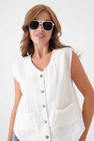 saint majesta Women's Muslin Pocket Vest Blouse 100% Cotton Front Buttoned (Sm25)