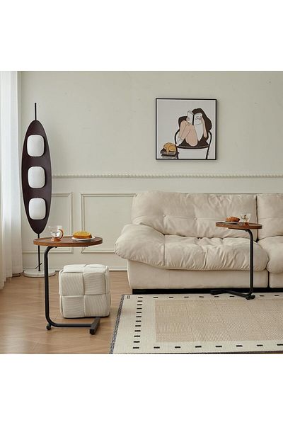 Generic 4-Pieces Modern Coffee Table | C-Shaped Side Table with Brown Wood Top and Black Metal Frame