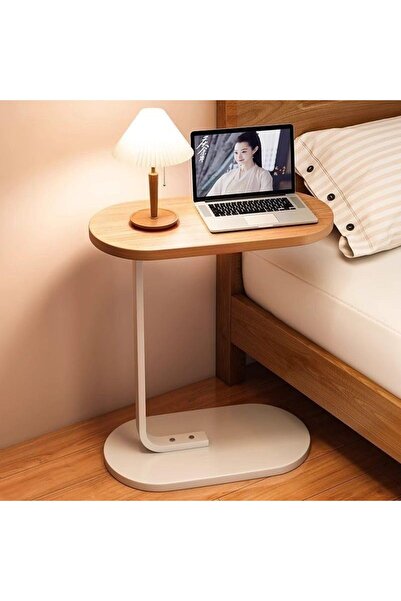 Generic 4-Pieces Modern Coffee Table | C-Shaped Side Table with Biege Wood Top and White Metal Frame