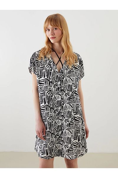 LC Waikiki Lcw Dream Black Shirt Collar Print Women's Beach Dress