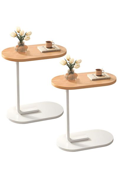 Generic 2-Pieces Modern Coffee Table | C-Shaped Side Table with Biege Wood Top and White Metal Frame
