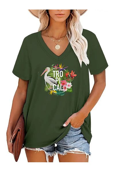 Deocept Tricou oversize cu decolteu în V pentru femei, cu imprimeu, casual