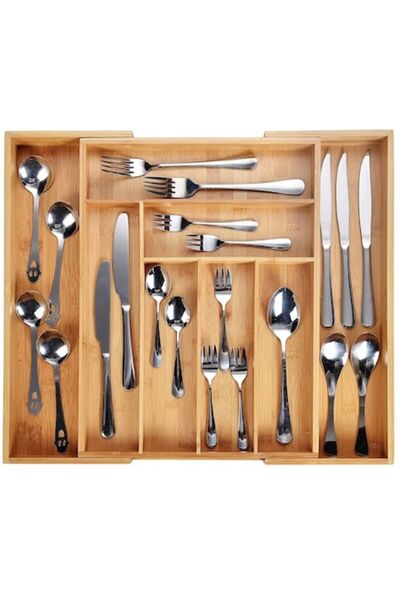 Ruhhy Organizator extensibil pentru tacâmuri și ustensile din bambus, cu 8 co...