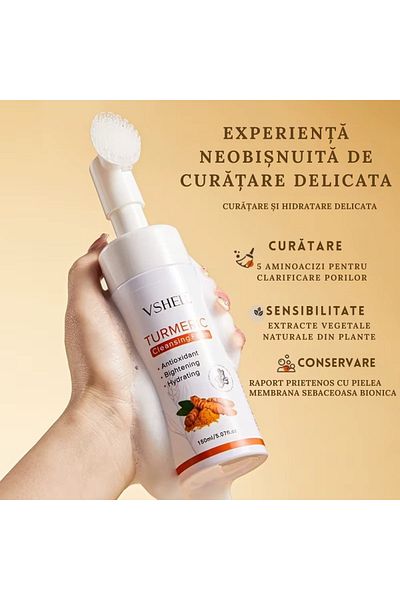 VSHELL Spumă de curățare facială cu turmeric, 150 ml, cu perie de curățare, hidratantă, iluminatoare, antioxidantă