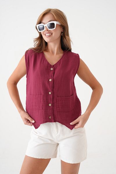 saint majesta Women's Muslin Pocket Vest Blouse 100% Cotton Front Buttoned (Sm25)