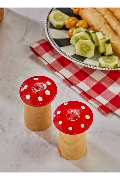 kamptek kamp teknolojisi Kamptek Wooden Workshop Mushroom Salt and Pepper Shakers Set of 2 Red