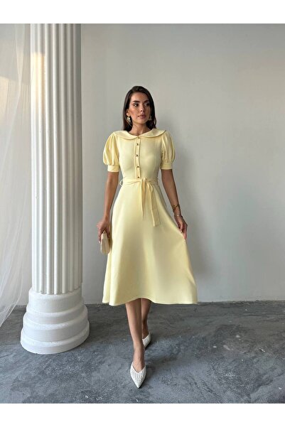 conconmoda Bebe Yaka Gold Düğmeli Atlas Midi Elbise