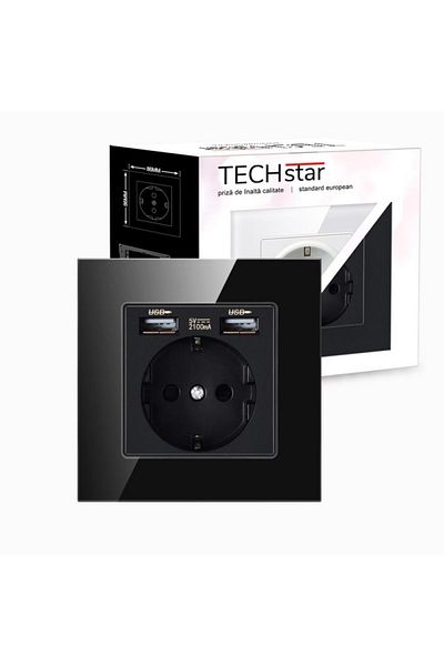 TECHSTAR ® Crystal TSU1 Socket, Single, 2 x USB, 2.1 A, Onyx Black Color, Tempered Glass, 16A