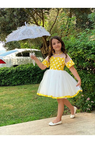 Evren Butik Puantiye Desenli Toka ve Tül Detaylı Sarı Beyaz Kız Çocuk Elbise ...