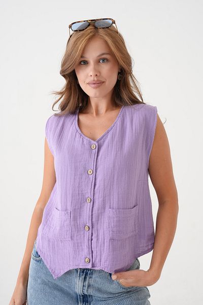 saint majesta Women's Muslin Pocket Vest Blouse 100% Cotton Front Buttoned (Sm25)
