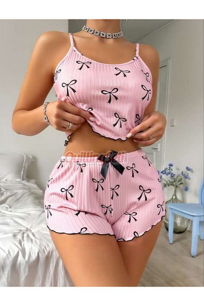 quilling Patterned Knitted Fabric White Color S-14 Lycra Shorts Pajama Set: Softness and Elasticity Together!