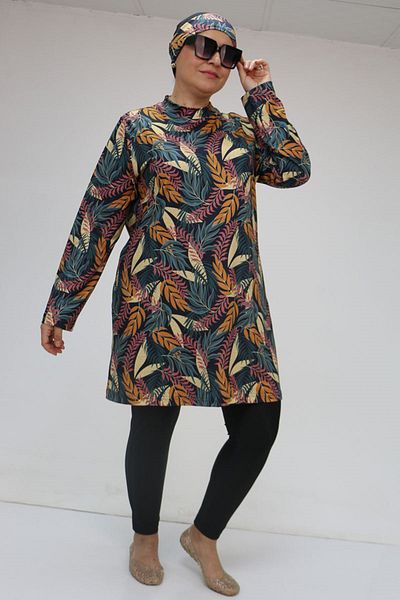 Eslina 1727 Large Size Long Sleeve Hijab Swimsuit Set - Leaf Pattern Mustard