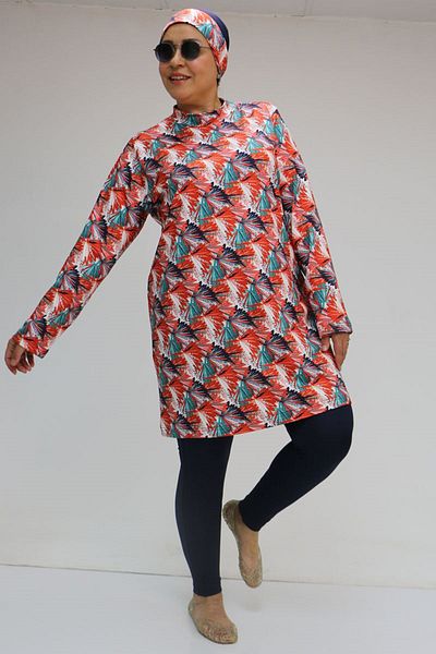 Eslina 1727 Large Size Long Sleeve Hijab Swimsuit Set - Leaf Pattern Orange