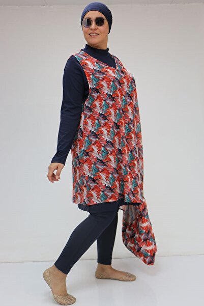 Eslina 1723 Plus Size Long Sleeve Chiffon Pareo Hijab Swimsuit Set - Leaf Pattern Orange