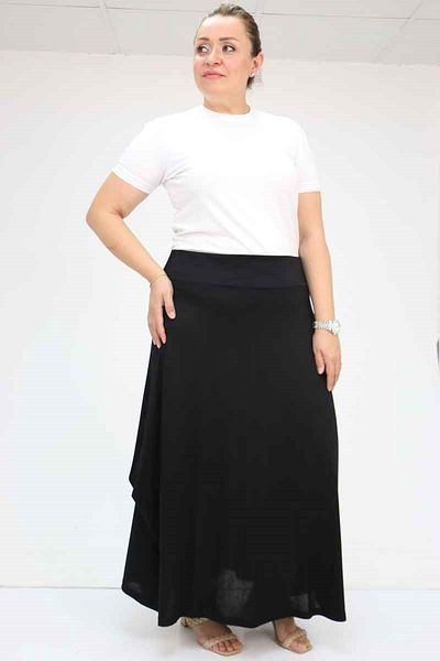 Eslina 55001 Large Size Combed Cotton Skirt with Side Buttons - Black
