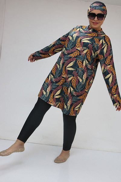 Eslina 1727 Large Size Long Sleeve Hijab Swimsuit Set - Leaf Pattern Mustard
