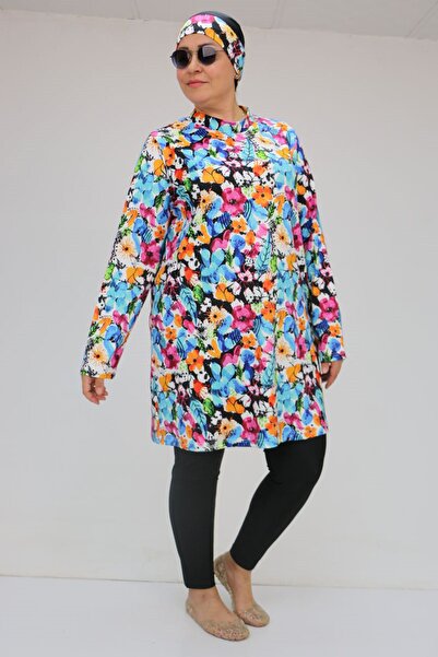 Eslina 1727 Large Size Long Sleeve Hijab Swimsuit Set - Mixed Pattern Blue