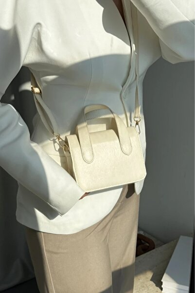 LEONAS Small Size Women's Hand and Shoulder Bag Wora Cream with Stitching Detail
