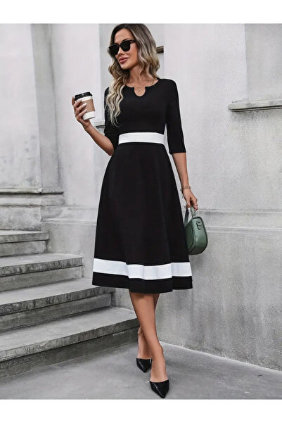ETİLER COLLECTION Women's Truvakarkol Collar Open Color Block Crepe Midi Dress