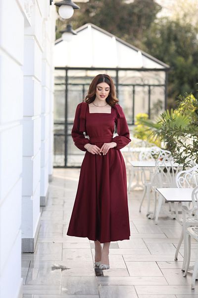 KADNER Women's Bordo Square Collar Bow Detail Pera Evening Dress