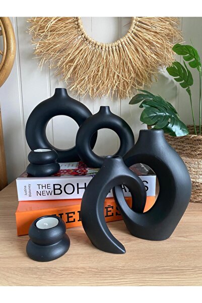 Porselian Set decorativ de 6 vaze din ceramică boemă și suporturi pentru lumânări – Set cu design cu inele și inimă