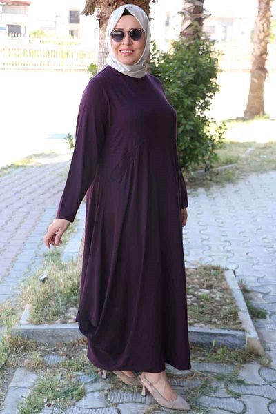 Eslina 52004 Large Size Pocket Striped Combed Cotton Dress - Plum