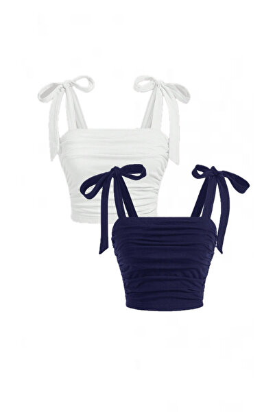 Marin Star Crop de vară cu fundă dublă albă bleumarin, bluză cu bretele late ...