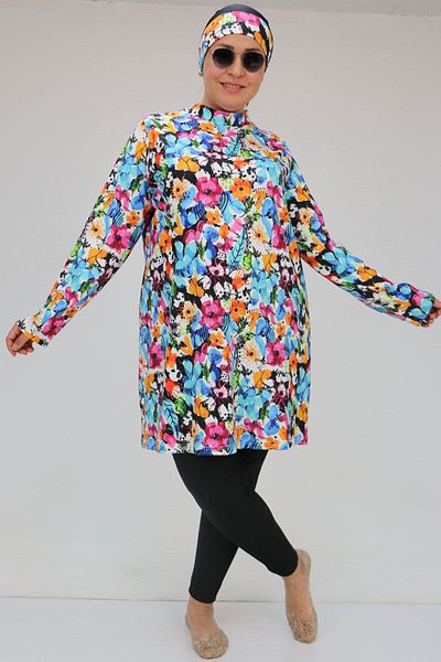 Eslina 1727 Large Size Long Sleeve Hijab Swimsuit Set - Mixed Pattern Blue