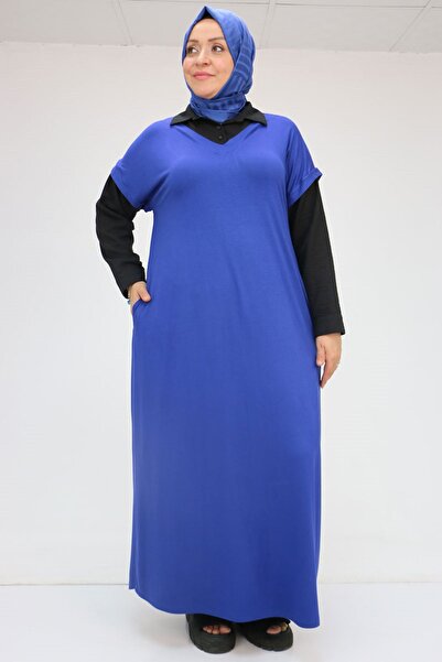Eslina 52009 Large Size Sleeve and Collar Garnished Combed Cotton Dress - Indigo-Black