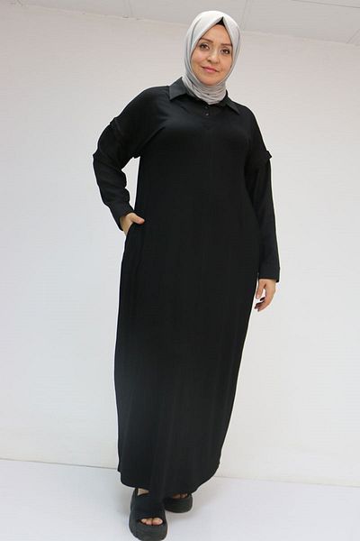 Eslina 52009 Μεγάλο μέγεθος με γαρνιτούρα από βαμβακερό φόρεμα - Μαύρο-Μαύρο