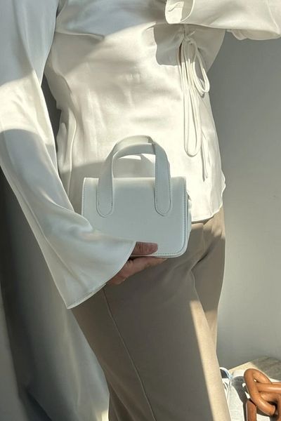 LEONAS Small Size Women's Hand and Shoulder Bag with Stitching Detail Wora White