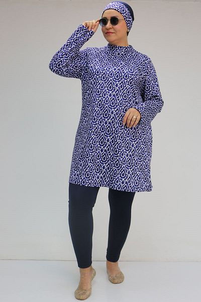 Eslina 1727 Large Size Long Sleeve Hijab Swimsuit Set - Drop Pattern Saks
