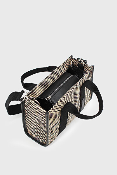 LUNABLU Kadın Siyah Damalı Keten Orta Boy Çapraz Askılı El Ve Omuz Çantası