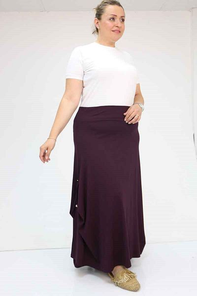 Eslina 55001 Large Size Buttoned Combed Cotton Skirt - Plum