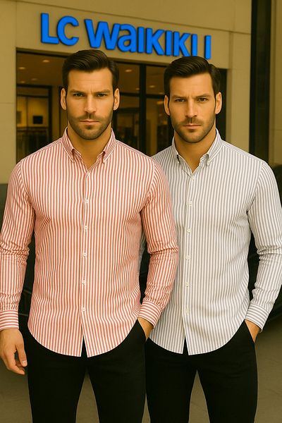 LC Waikiki 100% Organic Cotton Premium Quality Luxury New Season Striped Buttoned Men's Style Shirt 2-Piece