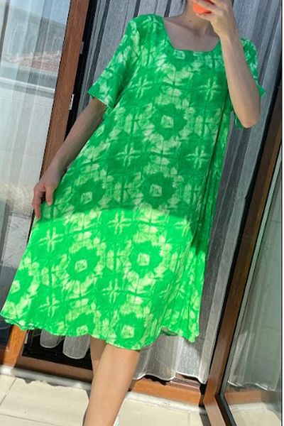 AYASOFYA OTANTIK Women's Pistachio Green Round Neck Pocket Retro Pattern Short Sleeve Loose Midi Dress