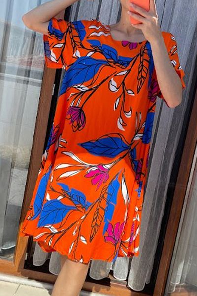 AYASOFYA OTANTIK Women's Orange Round Neck Pocket Retro Pattern Short Sleeve Loose Midi Dress