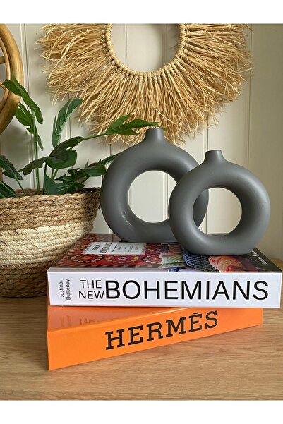 Porselian Set de 2 vase Bohem Halka gri antracit (MARE 18X18CM, MIC 14X13,5CM)