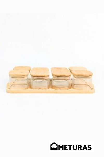 Meturas 6 Piece Glass Storage Container Set with Bamboo Lid Tray Breakfast Set 4X240 - 2X480 ml Rectangular