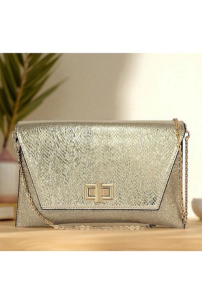 Evident Gold Fish Scale Patterned Women's Portfolio & Clutch Bag with Cover Lock Detail