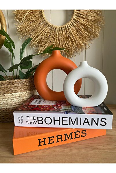 Porselian Set de 2 vaze cu cerc boem (MARE 18X18CM, MIC 14X13,5CM)