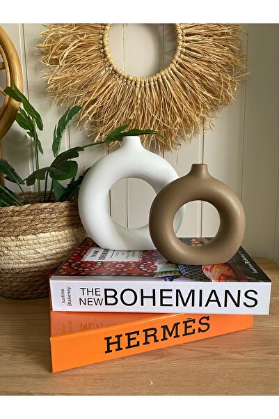 Porselian Set de 2 vaze Bohem Halka Cafe alb (MARE 18X18CM, MIC 14X13,5CM)