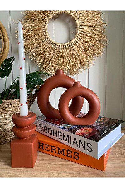 Porselian Set decorativ boem din 3 vaze, 2 vaze cu inele, 1 suport pentru lum...