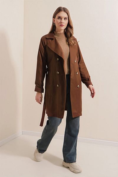 novafems 5864 Double Breasted Collar Short Trench Coat - Brown