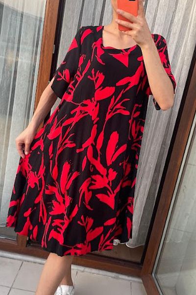 AYASOFYA OTANTIK Women's Red Round Neck Pocket Retro Pattern Short Sleeve Loose Midi Dress