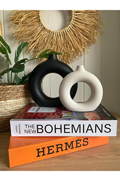 Porselian Set de 2 vaze cu cerc boem (MARE 18X18CM, MIC 14X13,5CM)