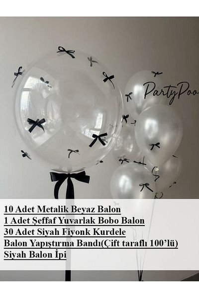 PartyPoo Black Bow Bobo and Metallic White Balloon Set 10 Birthday Set Bow Balloon, Ribbon Balloon
