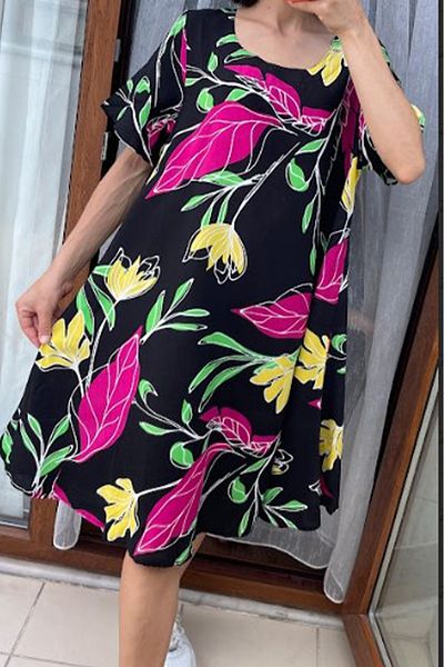 AYASOFYA OTANTIK Women's Black Round Neck Pocket Retro Patterned Short Sleeve Loose Midi Dress